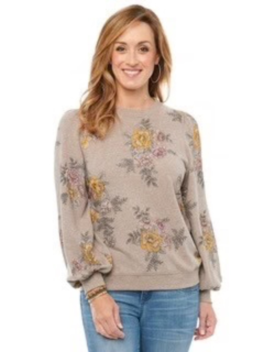 Democracy Blouson Long Sleeve Scoop Neck Floral Sweatshirt